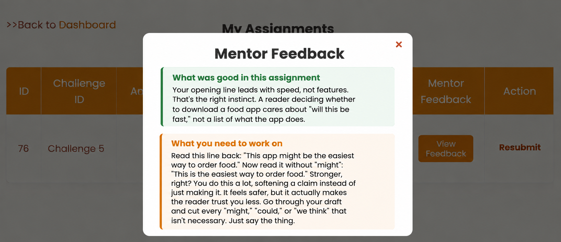 screenshot of mentor's feedback